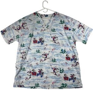 Disney Christmas Mickey Minnie Pluto Goofy Medical Scrub‎ Top Unisex L/XL